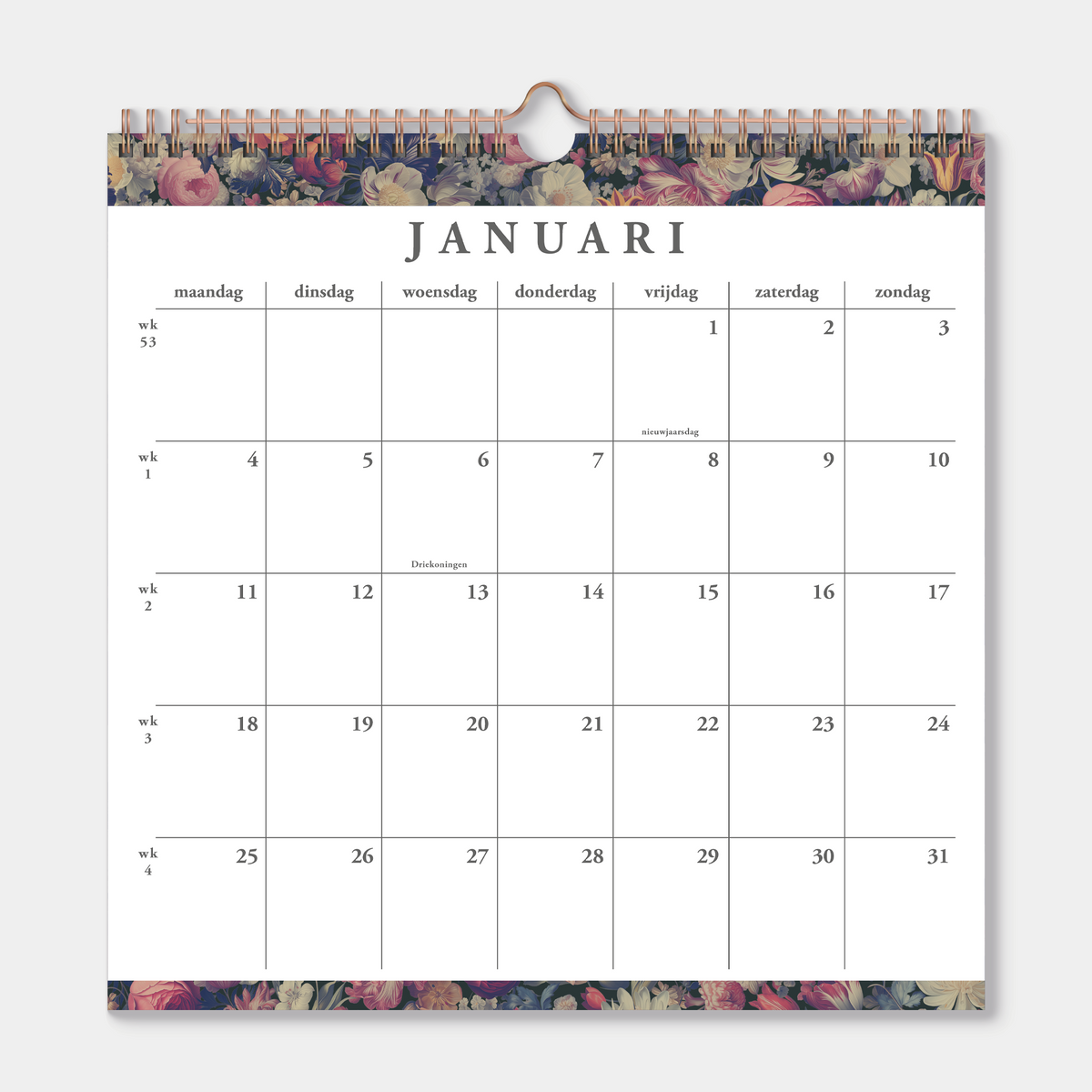 Spiraalgebonden jaarkalender 2027 met stijlvol klassiek design van grote bloemen, waaronder pioenrozen, tulpen en dahlia's – binnenwerk met maandoverzicht.