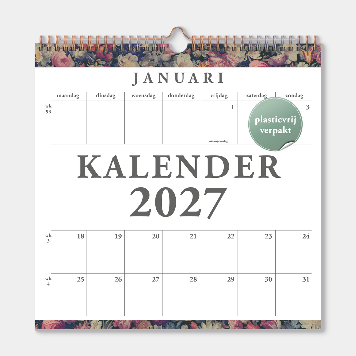 Spiraalgebonden jaarkalender 2027 met stijlvol klassiek design van grote bloemen, waaronder pioenrozen, tulpen en dahlia's – vooraanzicht.