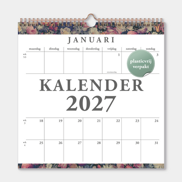 Spiraalgebonden jaarkalender 2027 met stijlvol klassiek design van grote bloemen, waaronder pioenrozen, tulpen en dahlia's – vooraanzicht.