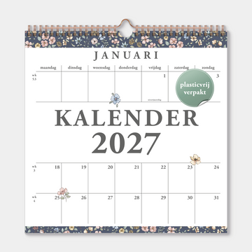 Spiraalgebonden jaarkalender 2027 met print van kleine bloemetjes in pasteltinten – vooraanzicht.