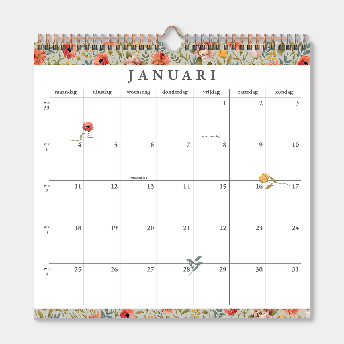 Spiraalgebonden jaarkalender 2027 met print van bloemen met vintage kleurstelling – binnenwerk met maandoverzicht.