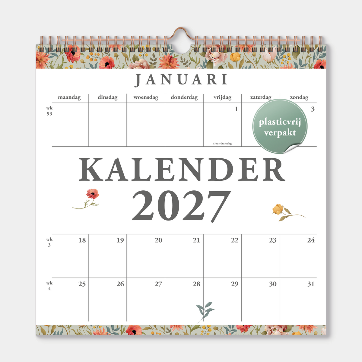 Spiraalgebonden jaarkalender 2027 met print van bloemen met vintage kleurstelling – vooraanzicht.