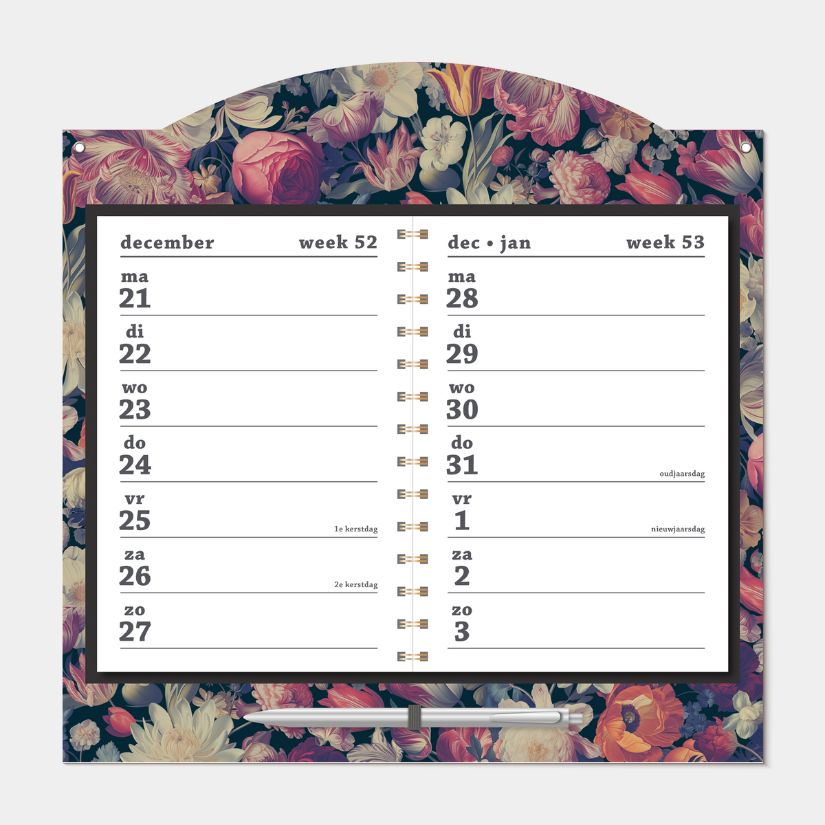 Kalender 2027 met een 2-weeks overzicht op een kartonnen bord voorzien van een klassieke print met tulpen, pioenrozen en dahlia's – binnenwerk met 2 weeks overzicht.