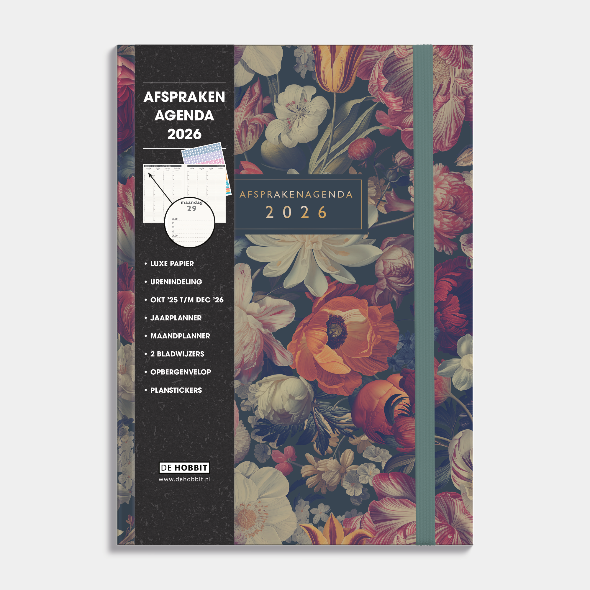luxe afsprakenagenda 2026 in A4 formaat met een klassiek dessin van bloemen op een donkere achtergrond, met harde cover en elastische sluiting – vooraanzicht met informatieve banderol.