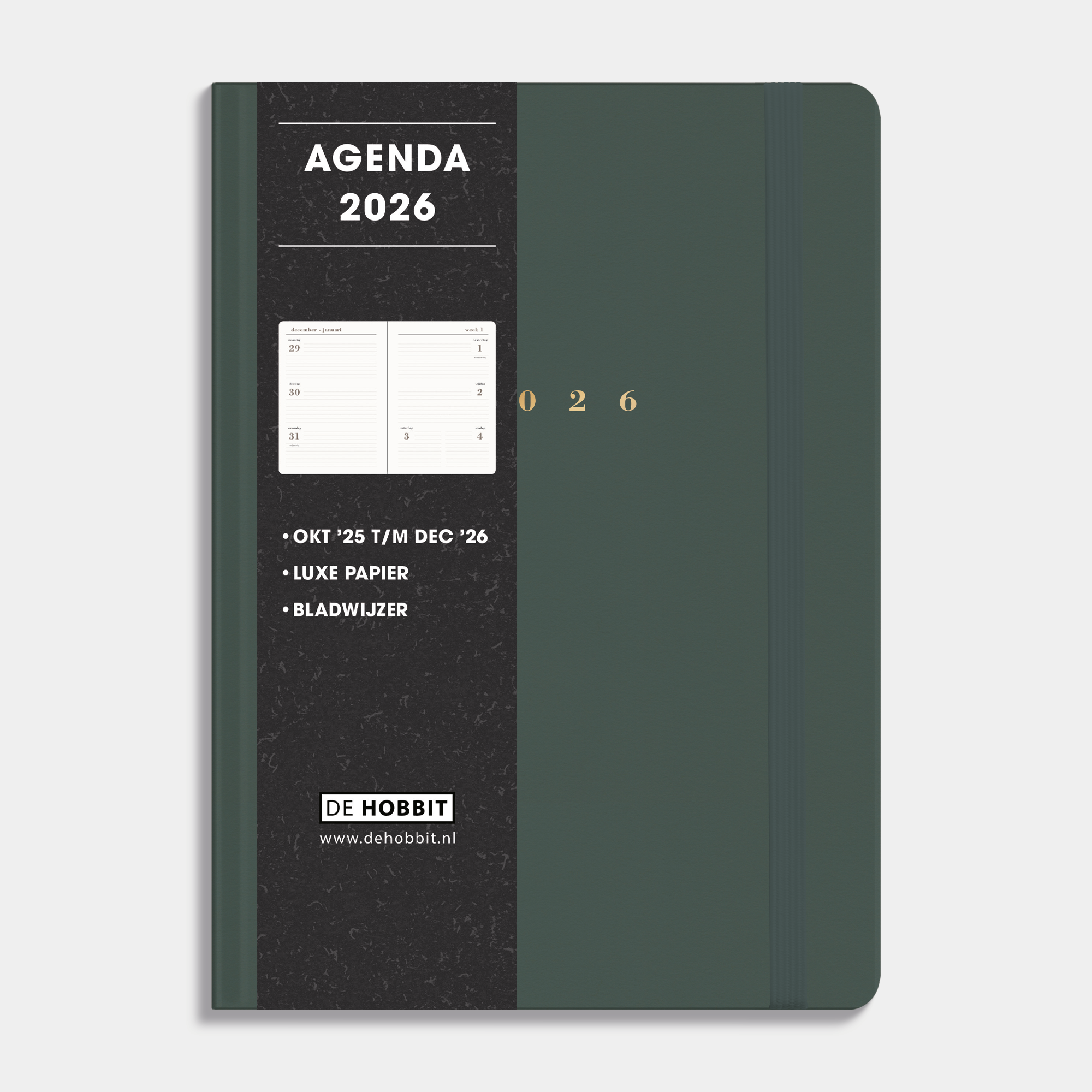 Luxe agenda 2026 A5 met donkergroene suèdelook afwerking, harde cover en elastische sluiting – vooraanzicht met informatieve banderol.