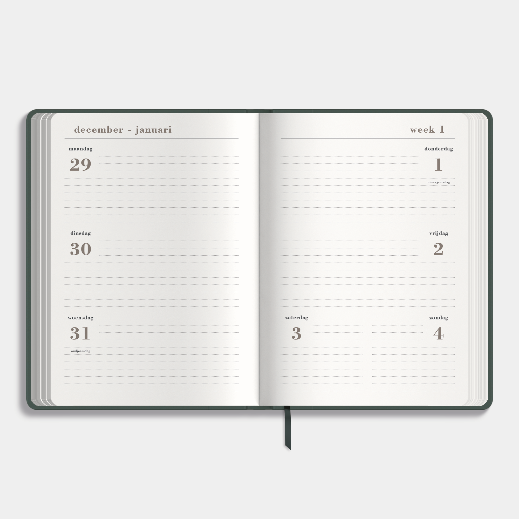 Luxe agenda 2026 A5 met donkergroene suèdelook afwerking – binnenwerk met weekoverzicht.