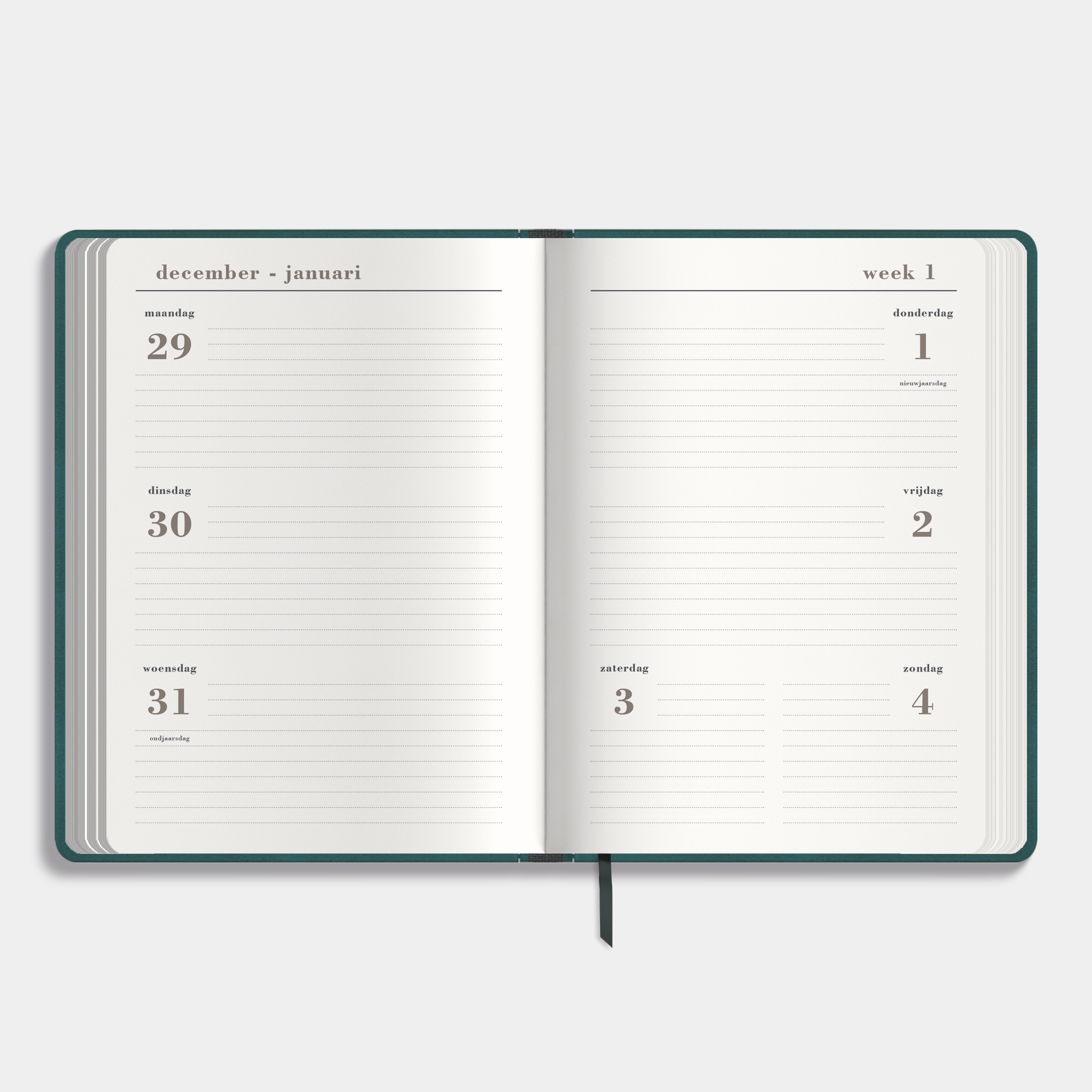 Luxe agenda 2026 A5 met tealkleurig suèdelook afwerking, harde cover, elastische sluiting en pennenlussen – binnenwerk met weekoverzicht.