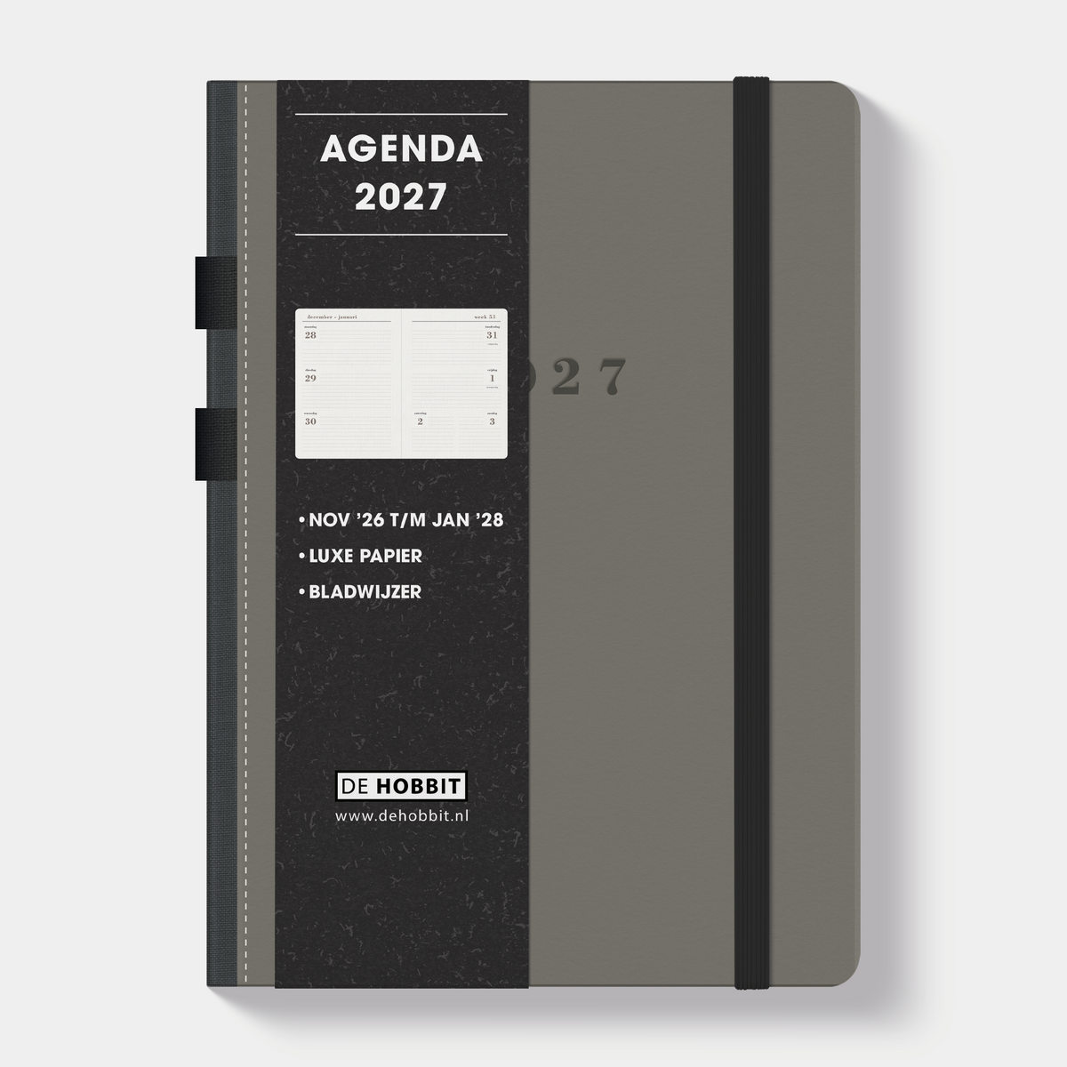 Luxe agenda 2027 A5 met grijze suèdelook afwerking, harde cover, elastische sluiting en pennenlussen – vooraanzicht met informatieve banderol.
