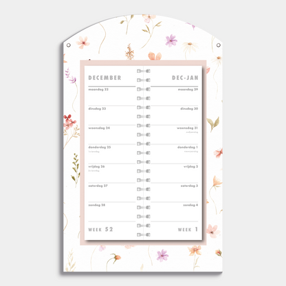 Luxe omslagkalender 2026 met 2-weeks overzicht op een kartonnen bord met print van kleine bloemetjes – binnenwerk met 2 weeks overzicht.