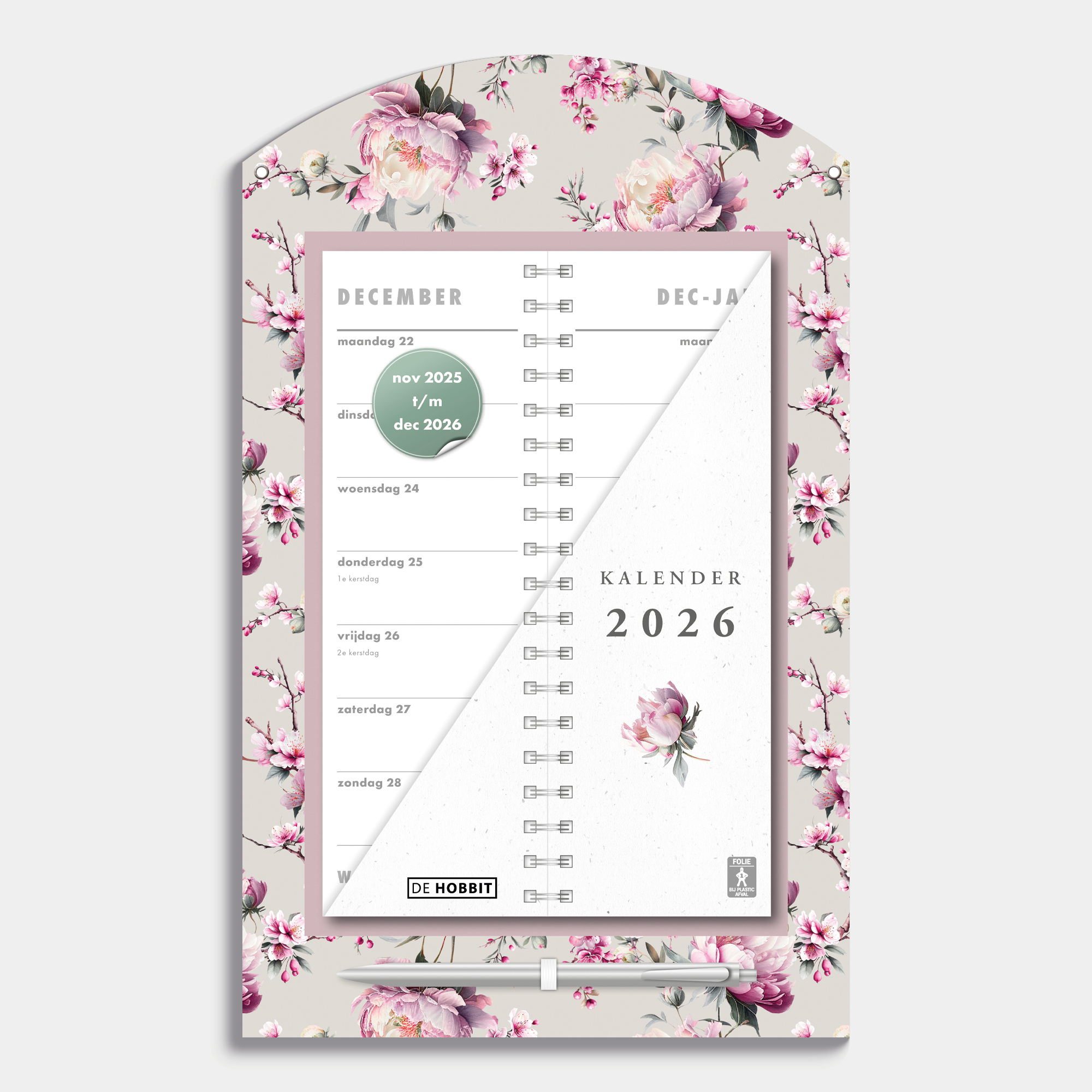 Luxe omslagkalender 2026 met 2-weeks overzicht op een kartonnen bord met kersenbloesemprint, voorzien van een pen en ophangkoord – vooraanzicht.