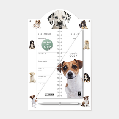 Luxe omslagkalender 2027 met 2-weeks overzicht op een kartonnen bord met foto's van honden en puppy's, voorzien van een pen en ophangkoord – vooraanzicht.