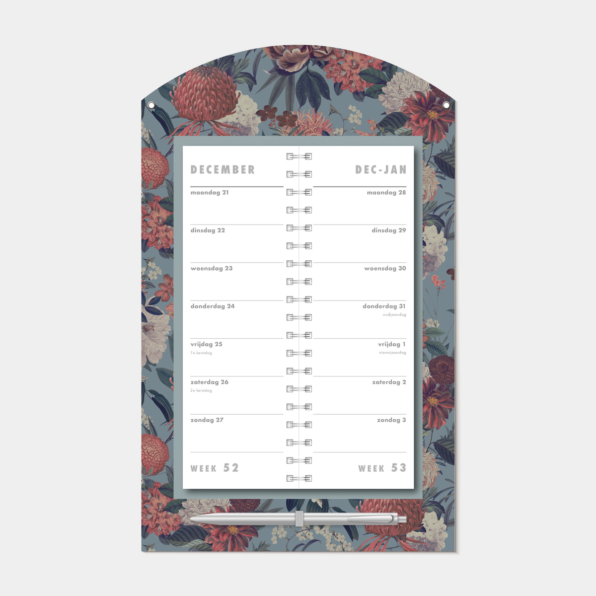 Luxe omslagkalender 2027 met 2-weeks overzicht op een kartonnen bord met klassieke print van dahlia's, chrysanten en pioenen, voorzien van een pen en ophangkoord – binnenwerk met 2 weeks overzicht.