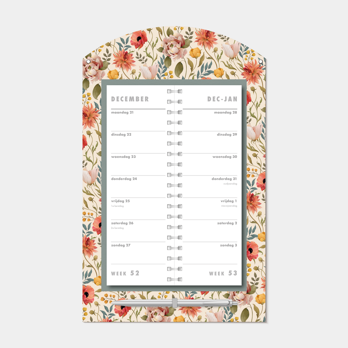 Luxe omslagkalender 2027 met 2-weeks overzicht op een kartonnen bord met vintage bloemenprint, voorzien van een pen en ophangkoord – binnenwerk met 2 weeks overzicht.