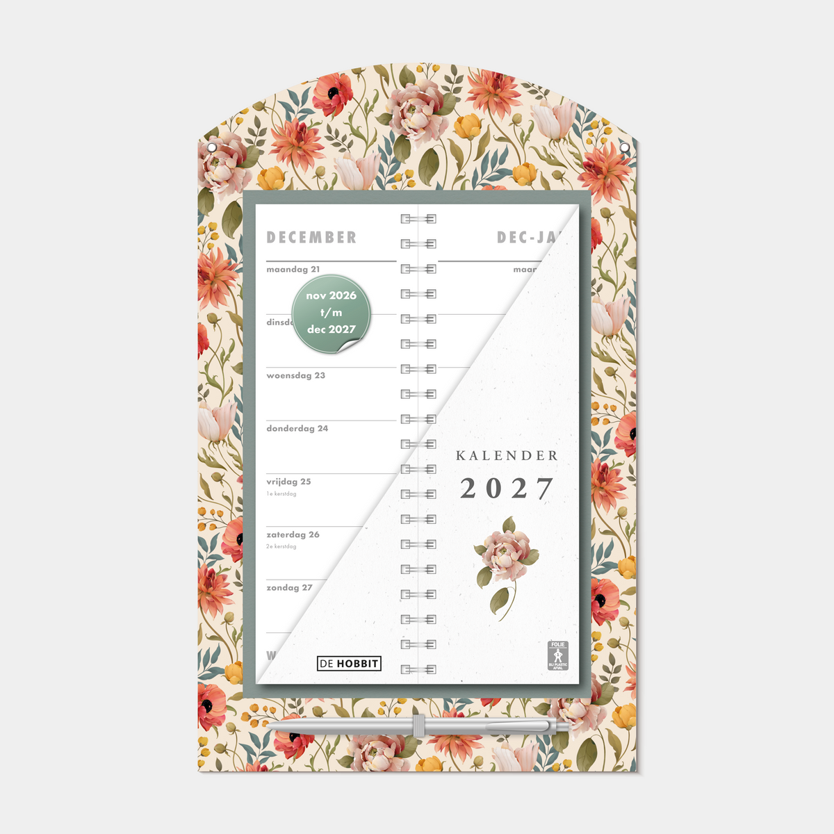 Luxe omslagkalender 2027 met 2-weeks overzicht op een kartonnen bord met vintage bloemenprint, voorzien van een pen en ophangkoord – vooraanzicht.