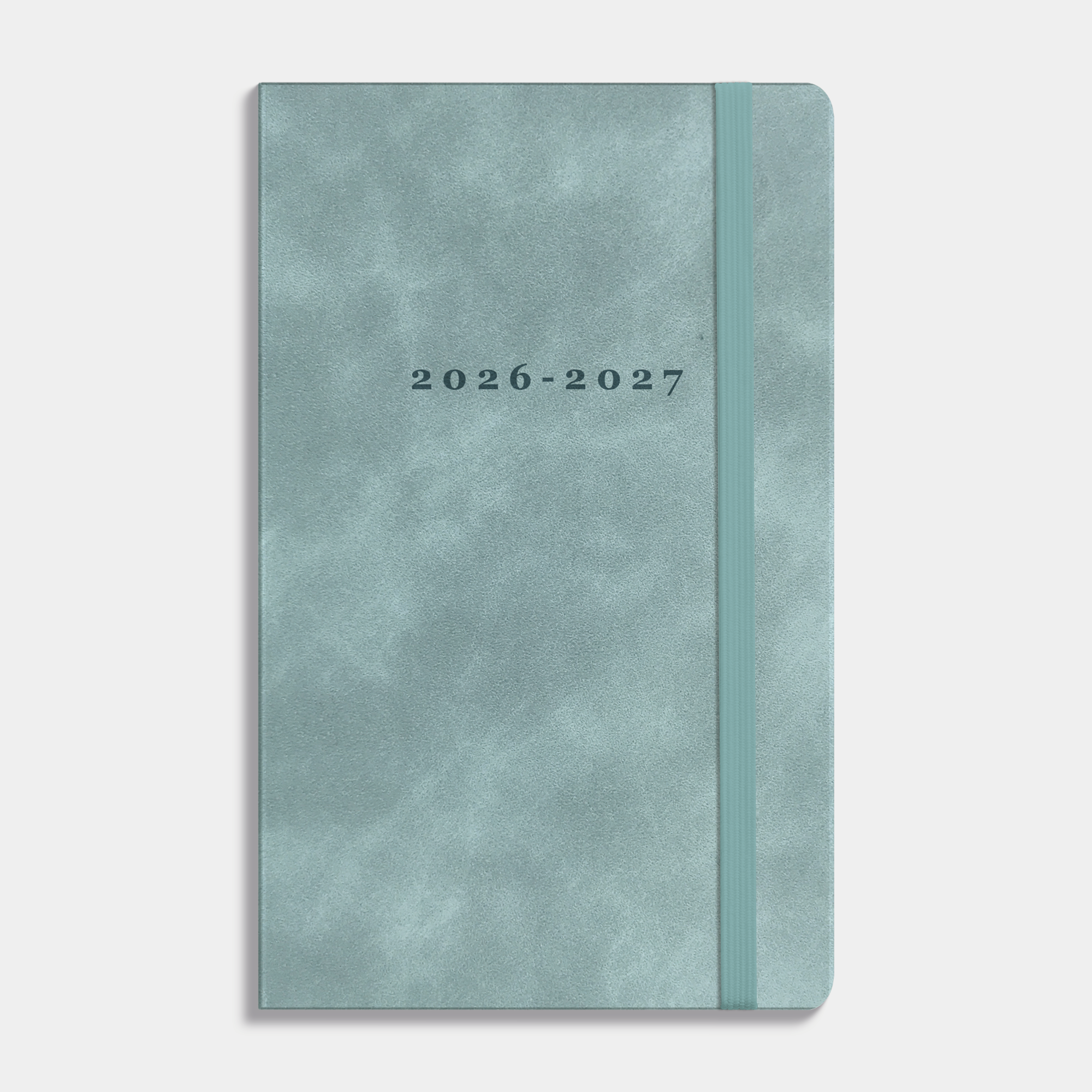 luxe pocket agenda 2026-2027 met suèdelook afwerking in aquablauw, harde cover en elastische sluiting – vooraanzicht.