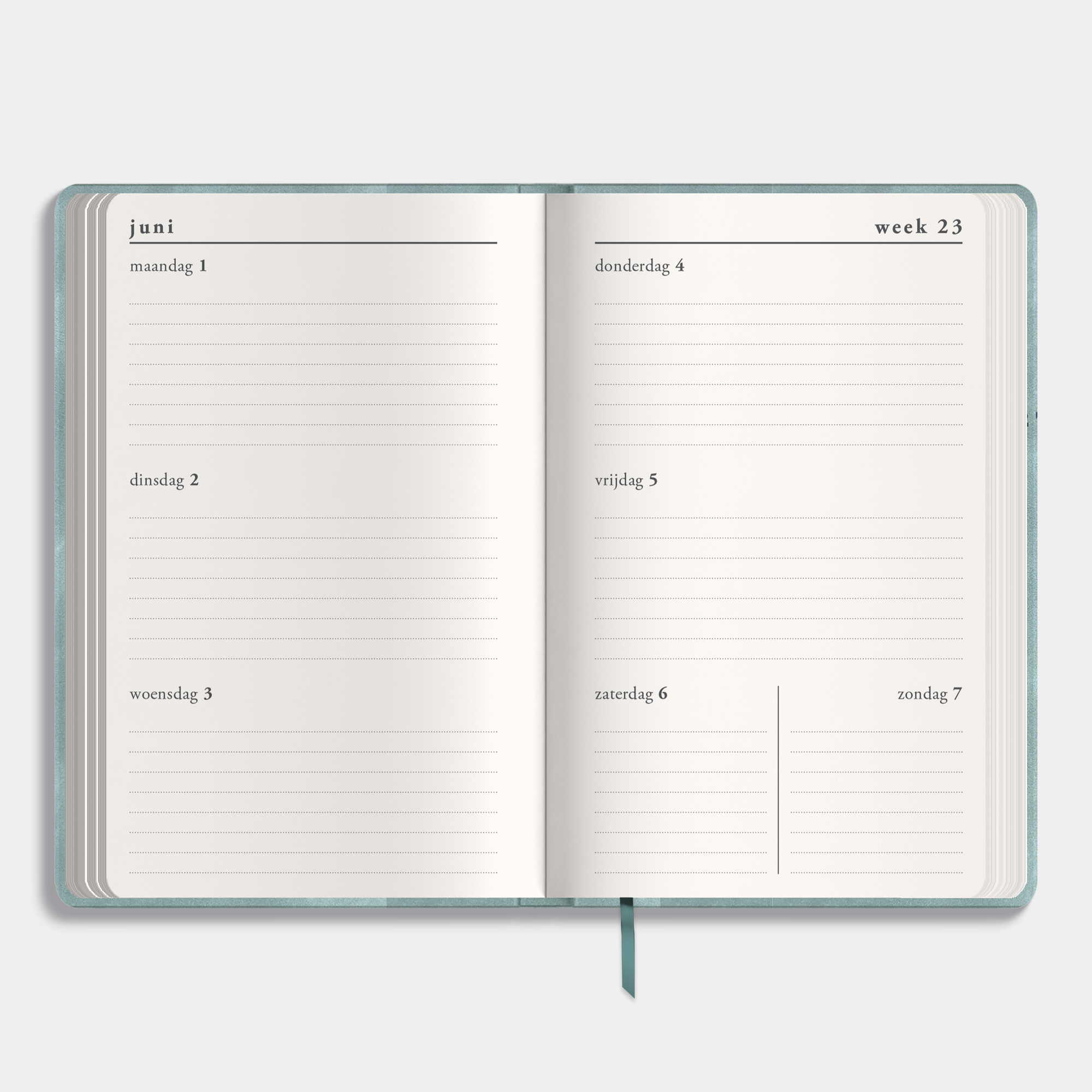 luxe pocket agenda 2026-2027 met suèdelook afwerking in aquablauw – weekoverzicht.
