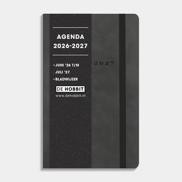 luxe zakagenda 2026-2027 met een antraciet suèdelook afwerking, harde cover en elastische sluiting – vooraanzicht met informatieve banderol.