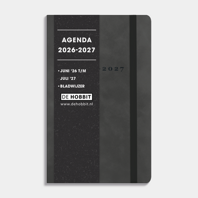 luxe zakagenda 2026-2027 met een antraciet suèdelook afwerking, harde cover en elastische sluiting – vooraanzicht met informatieve banderol.