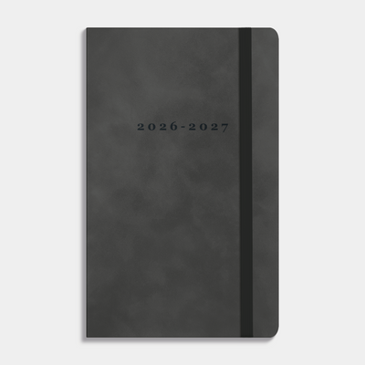 luxe zakagenda 2026-2027 met een antraciet suèdelook afwerking, harde cover en elastische sluiting – vooraanzicht.