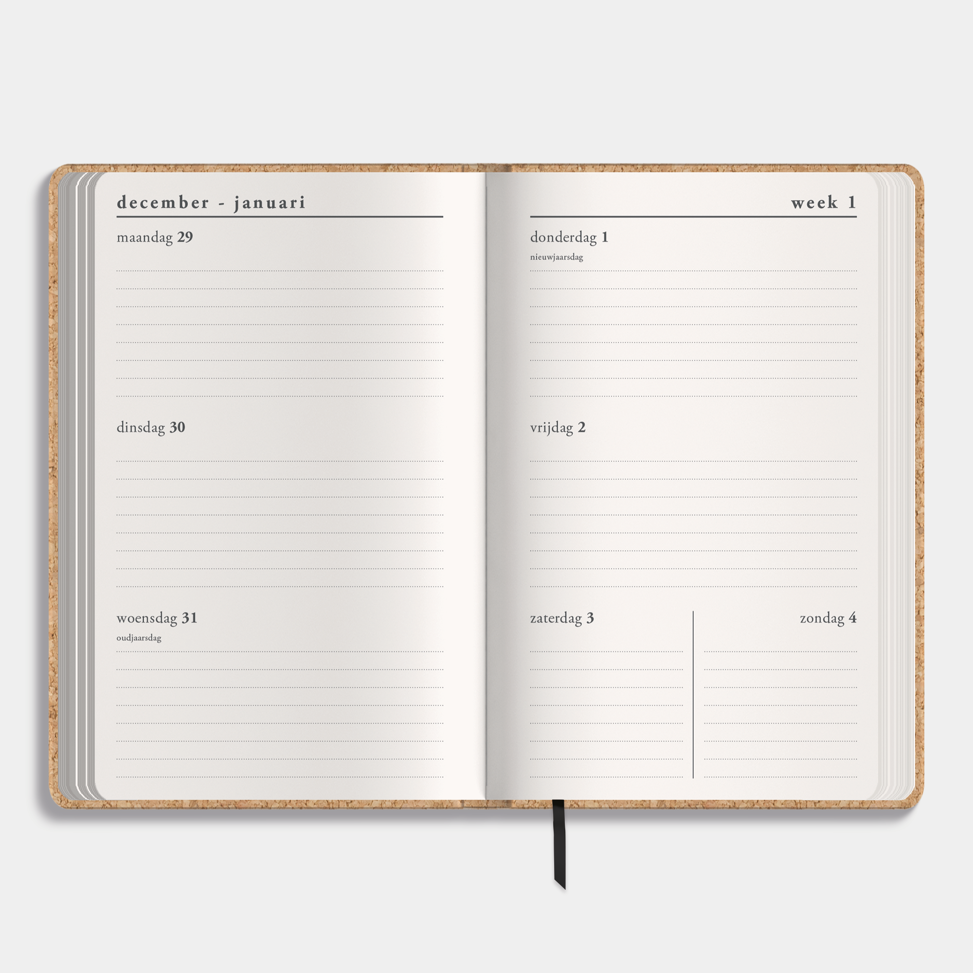 A6 agenda 2026 met kurken coverafwerking en stevige elastieken sluiting – binnenwerk met weekoverzicht.