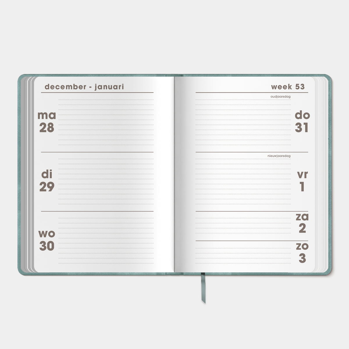 A6 agenda 2027 met suèdelook coverafwerking en flexibele cover – binnenwerk met weekoverzicht.