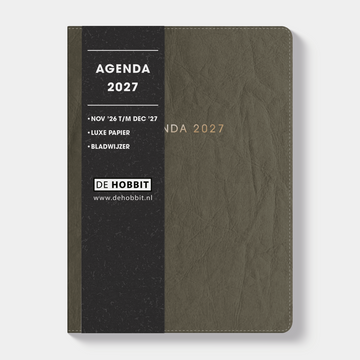 A6 agenda 2027 met flexibele washed kraft coverafwerking – vooraanzicht met informatieve banderol.