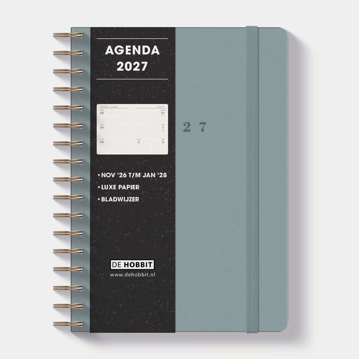 Luxe ringband agenda 2027 A5 met grijsblauwe suèdelook afwerking, harde cover en elastische sluiting – vooraanzicht met informatieve banderol.