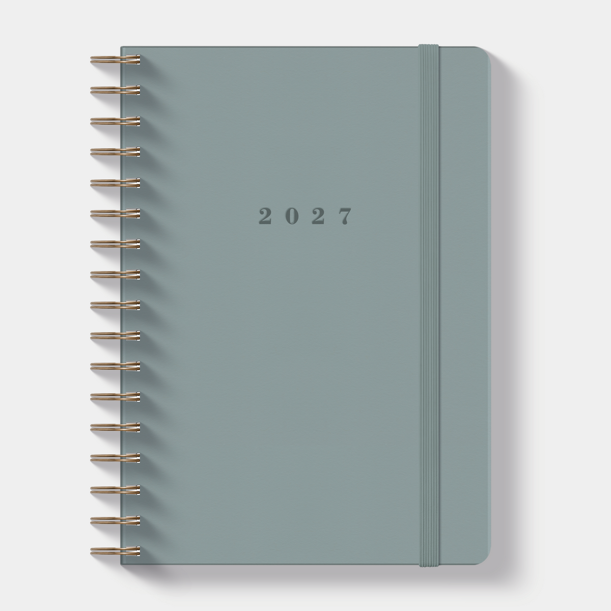 Luxe ringband agenda 2027 A5 met grijsblauwe suèdelook afwerking, harde cover en elastische sluiting – vooraanzicht.