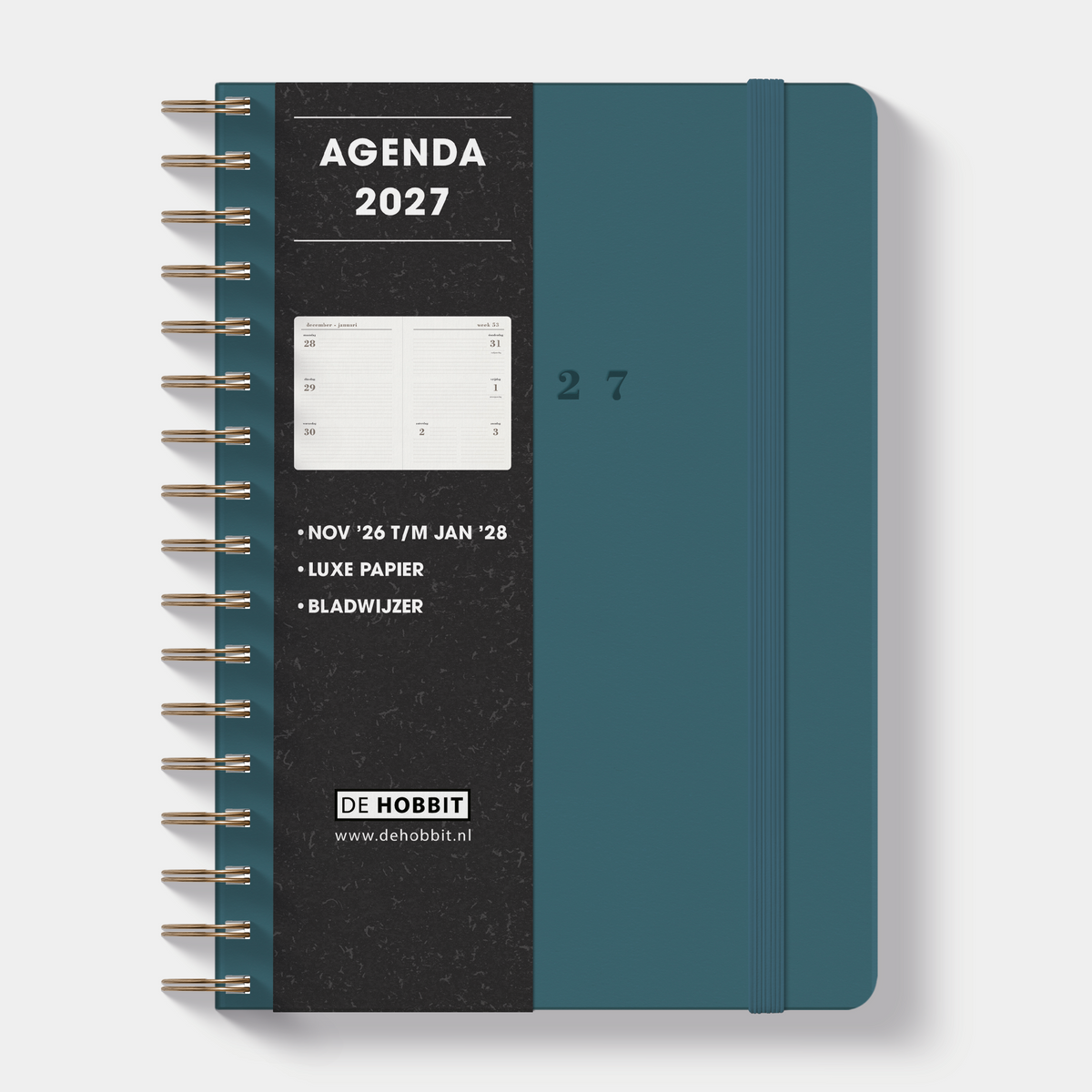 Luxe ringband agenda 2027 A5 met petrolblauwe suèdelook afwerking, harde cover en elastische sluiting – vooraanzicht met informatieve banderol.