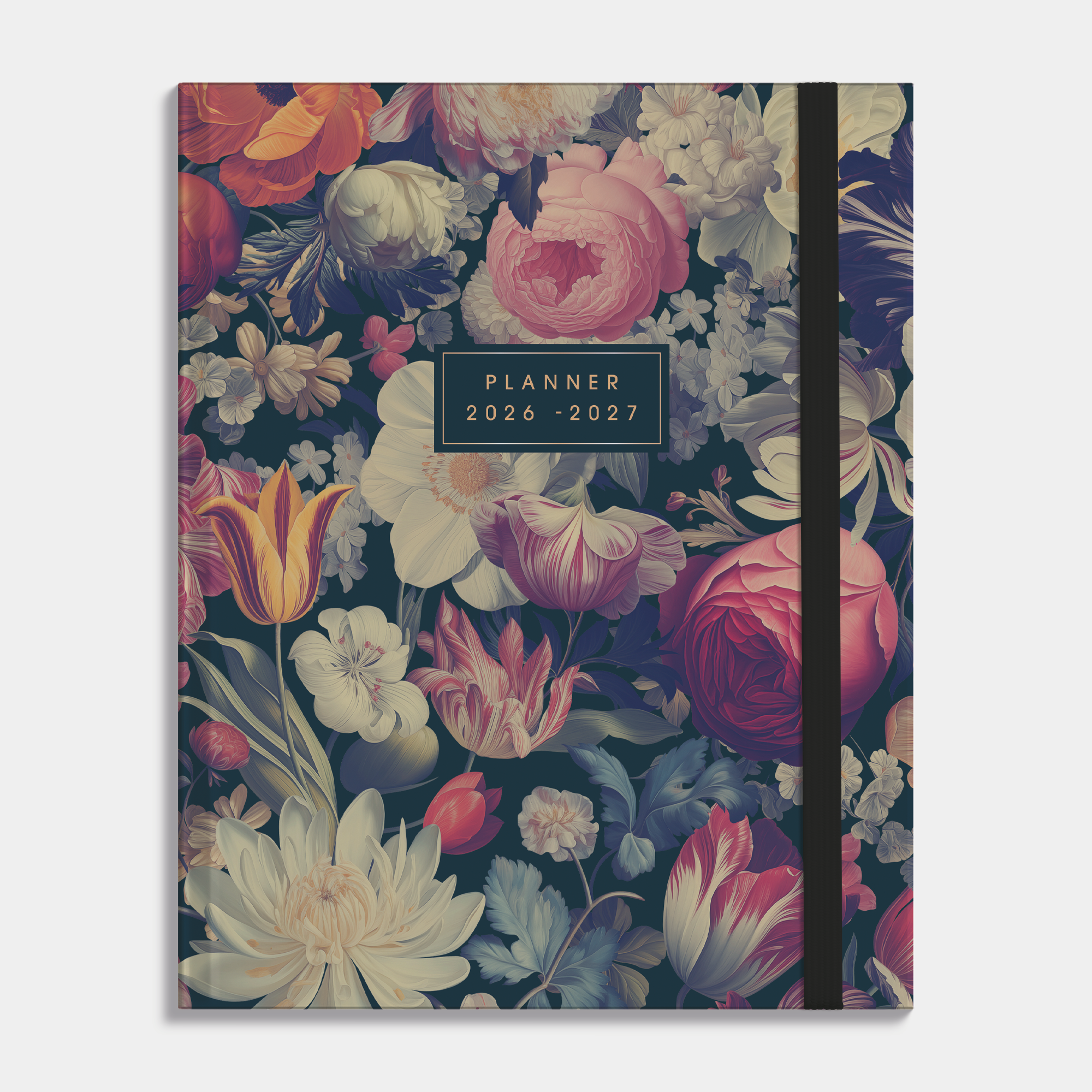 Luxe weekplanner 2026-2027 in A5+ formaat met een klassieke print van grote bloemen op een donkere achtergrond, harde cover en elastische sluiting – vooraanzicht.