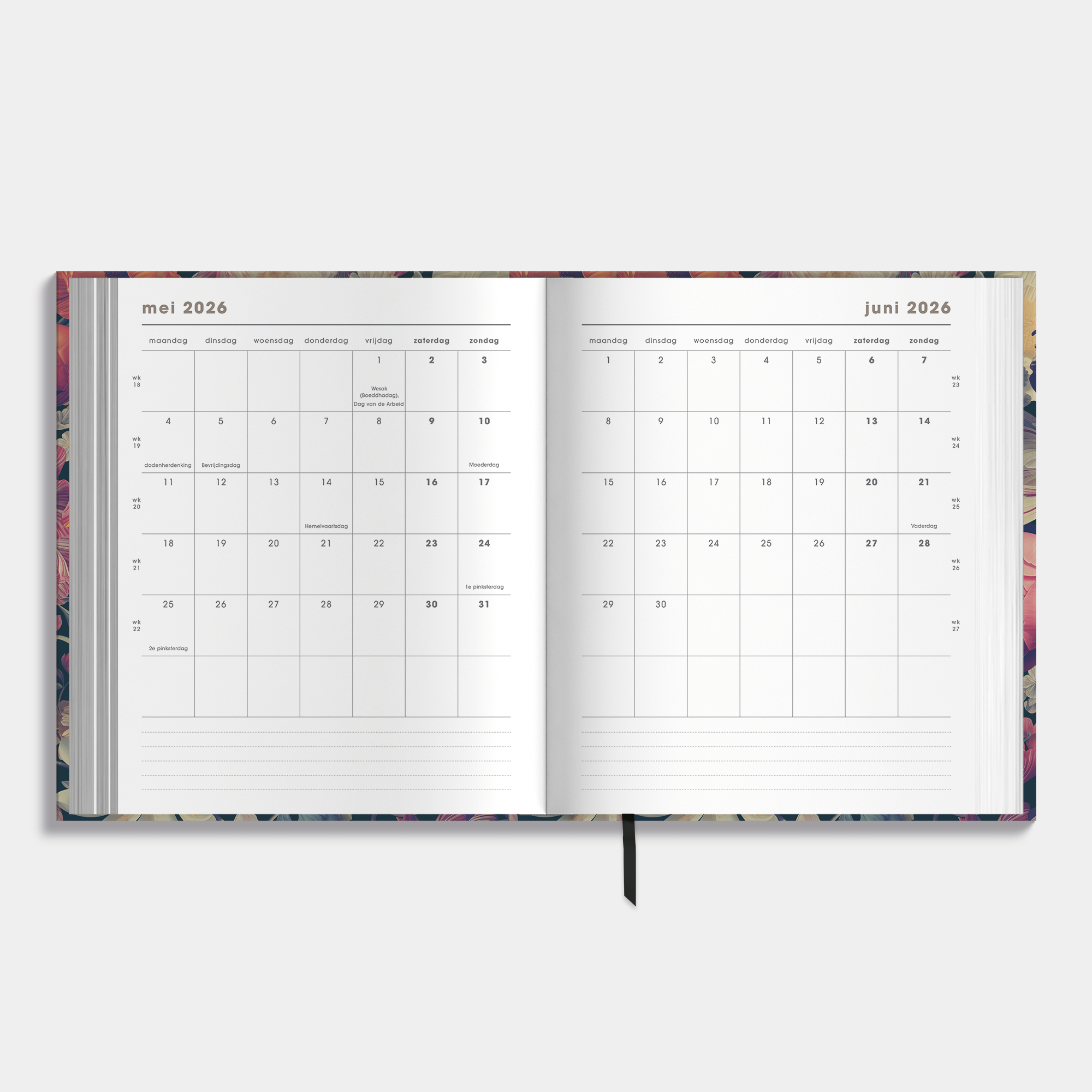 Luxe weekplanner 2026-2027 met een klassiek dessin van grote bloemen – maandplanner.