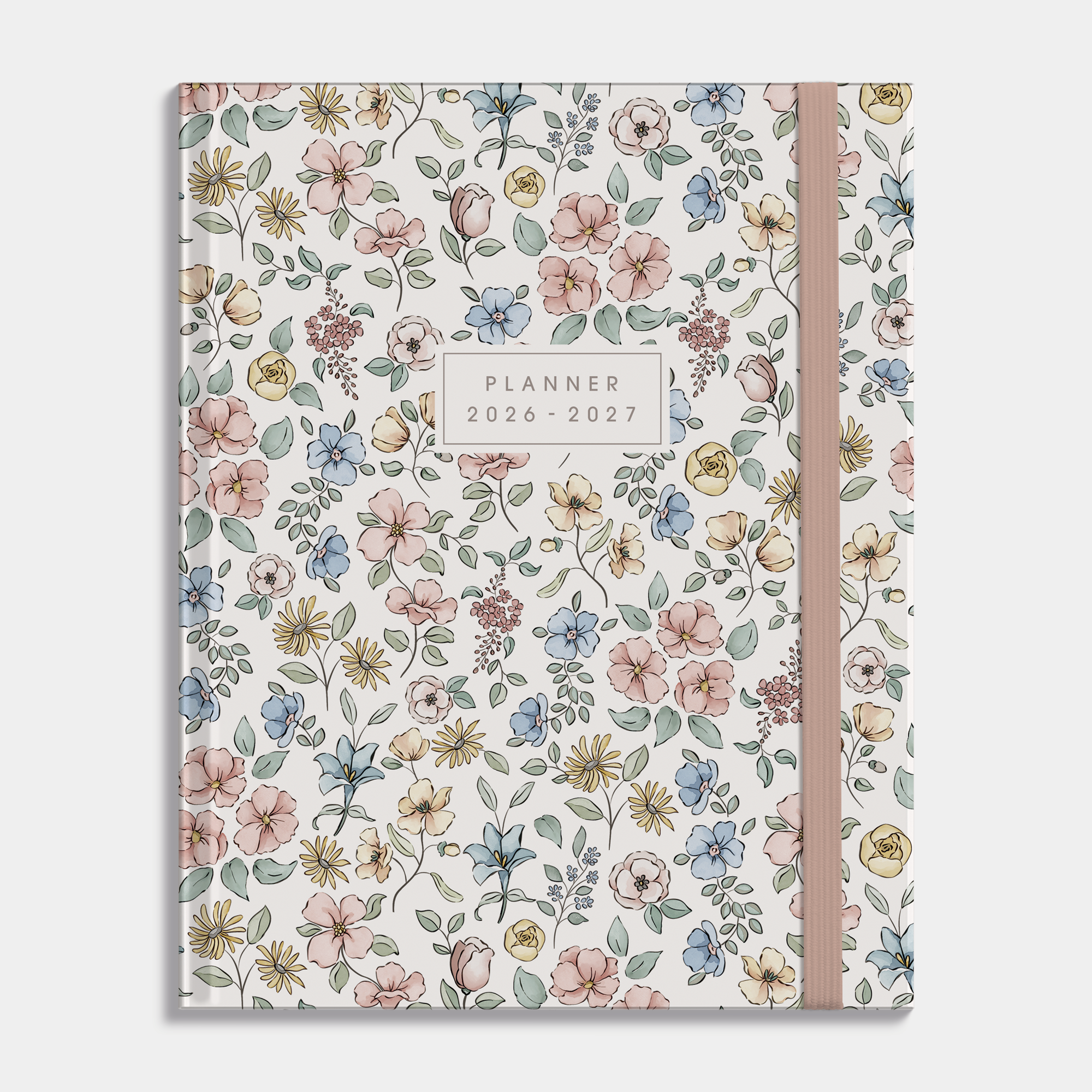 Luxe weekplanner 2026-2027 in A5+ formaat met een patroon van kleine bloemetjes in pasteltinten, met harde cover en elastische sluiting – vooraanzicht.