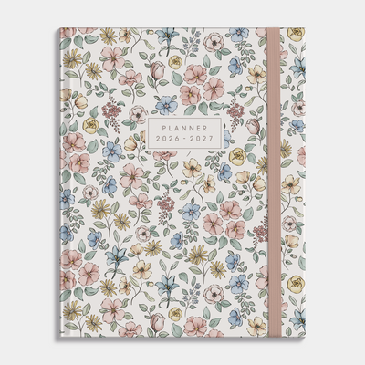 Luxe weekplanner 2026-2027 in A5+ formaat met een patroon van kleine bloemetjes in pasteltinten, met harde cover en elastische sluiting – vooraanzicht.