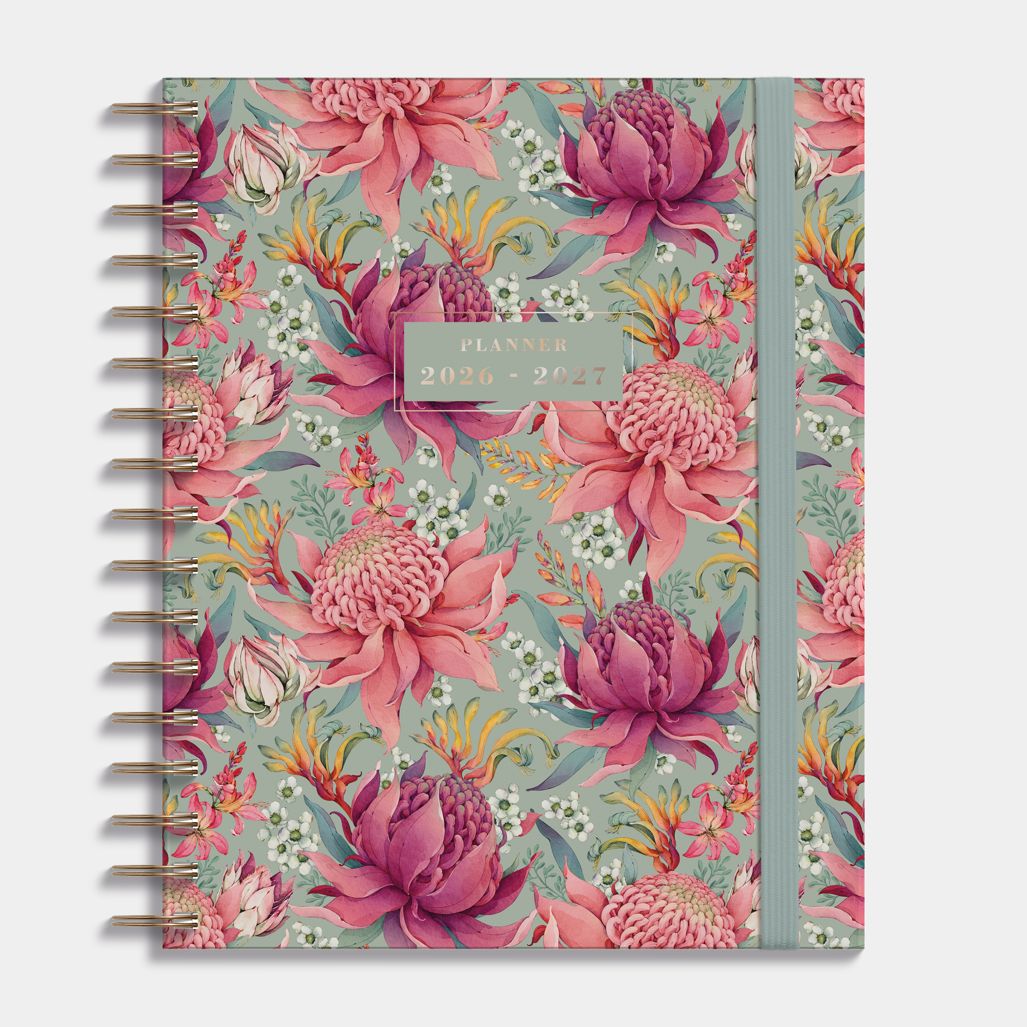 Luxe weekplanner 2026-2027 A5 print van tropische bloemen, harde cover en elastische sluiting – vooraanzicht.