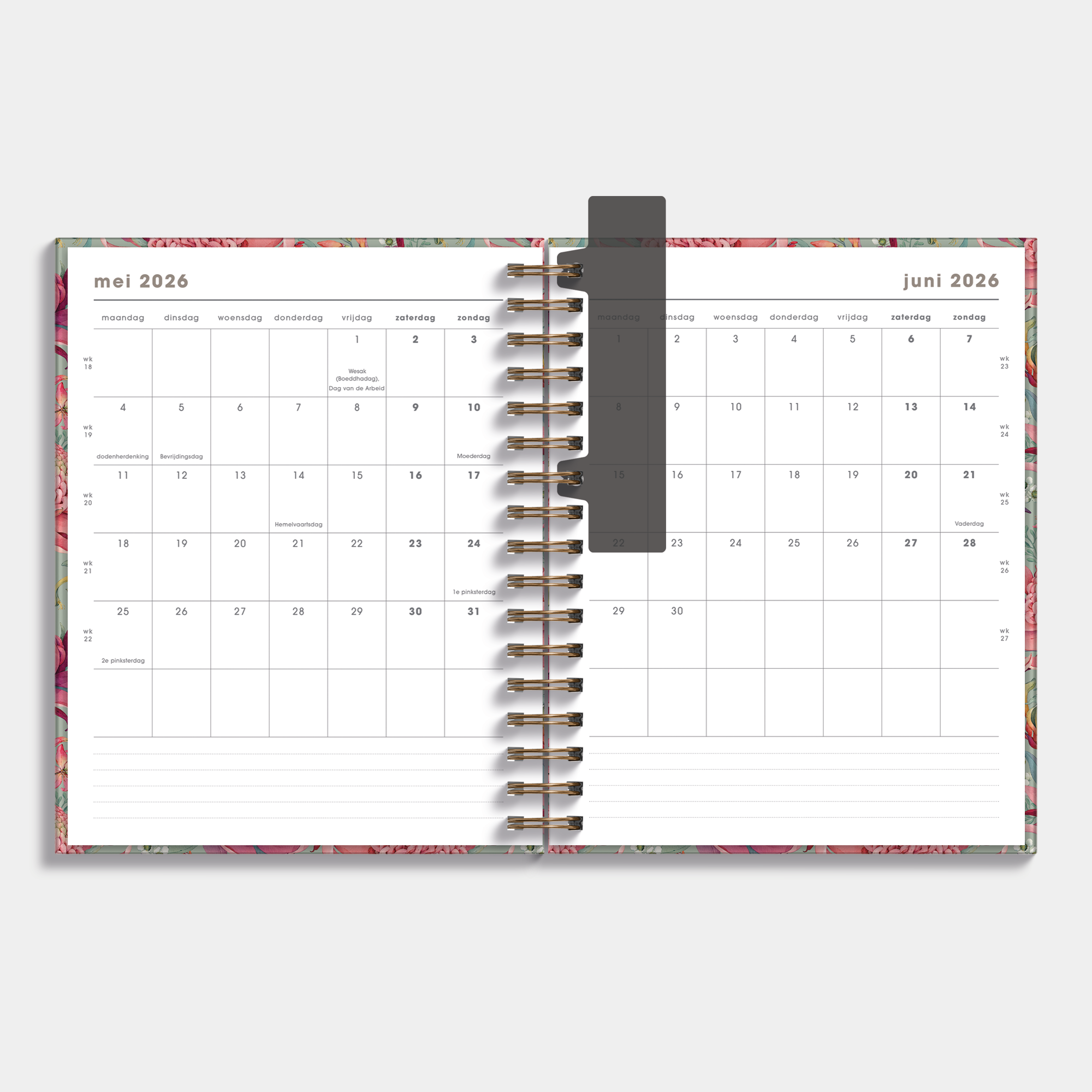 Luxe weekplanner 2026-2027 met print van tropische bloemen – maandplanner.