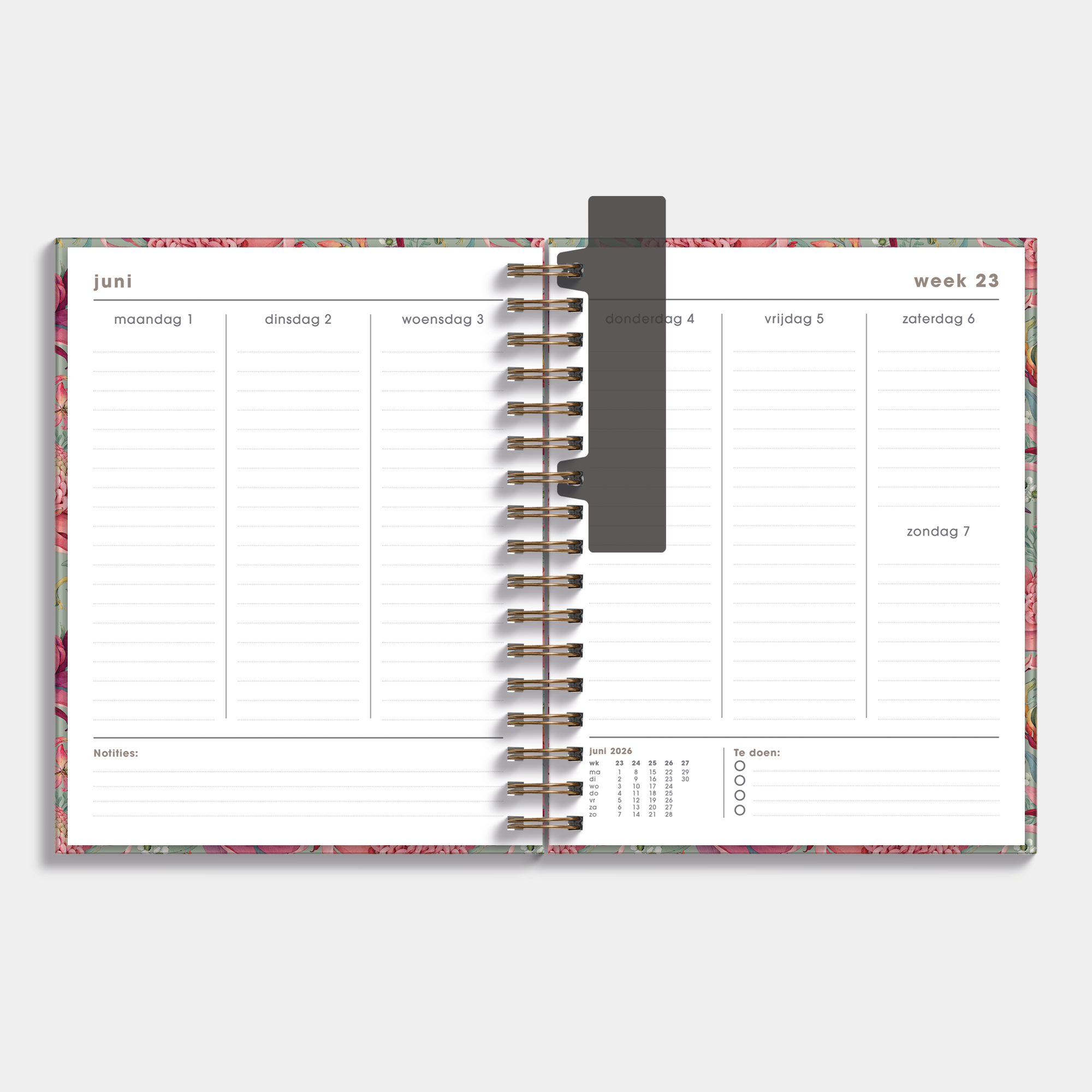 Luxe weekplanner 2026-2027 A5 met print van tropische bloemen – weekoverzicht.
