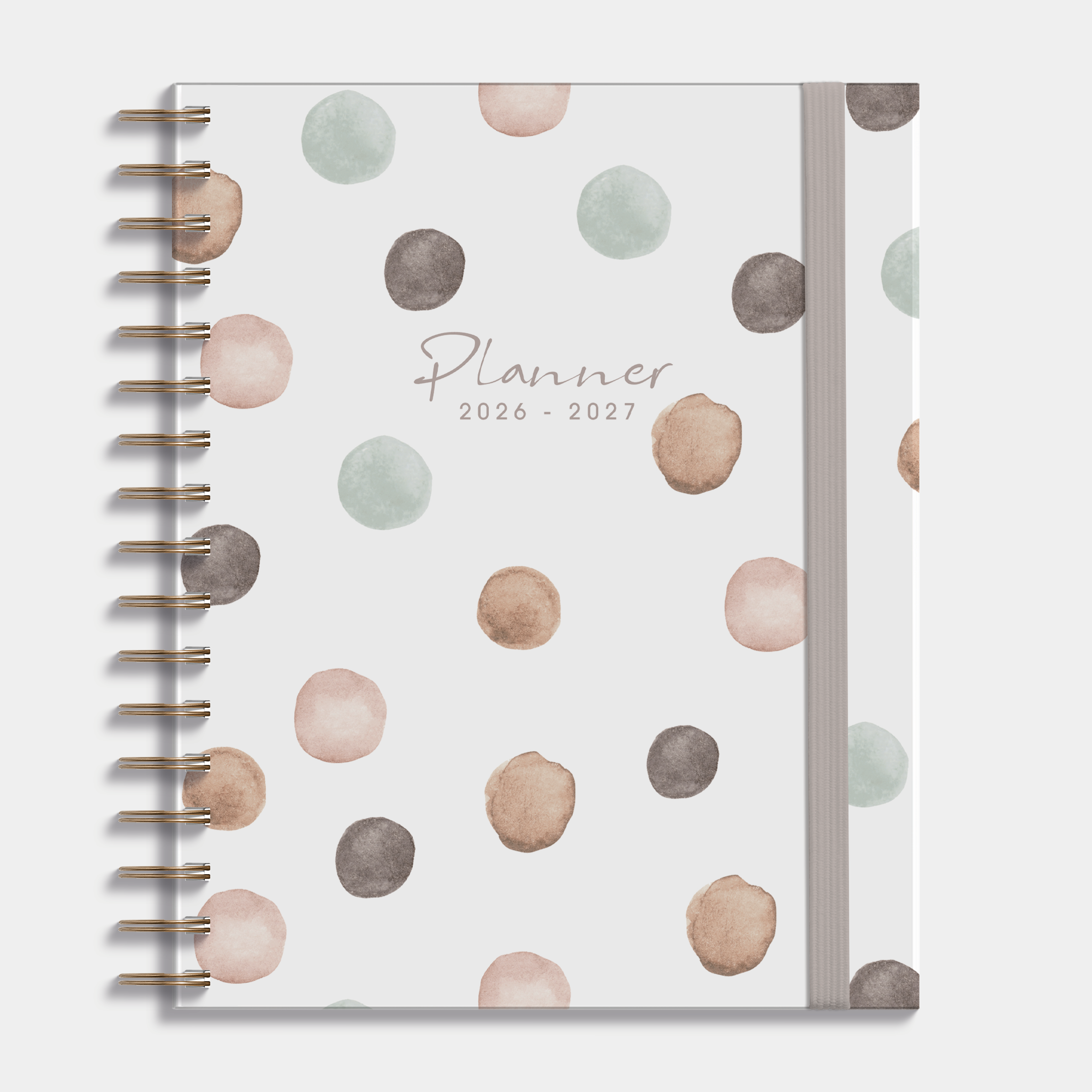 Luxe weekplanner 2026-2027 A5 met dessin van waterverfstippen, harde cover en elastische sluiting – vooraanzicht.