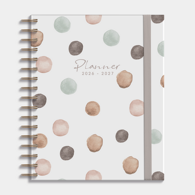 Luxe weekplanner 2026-2027 A5 met dessin van waterverfstippen, harde cover en elastische sluiting – vooraanzicht.