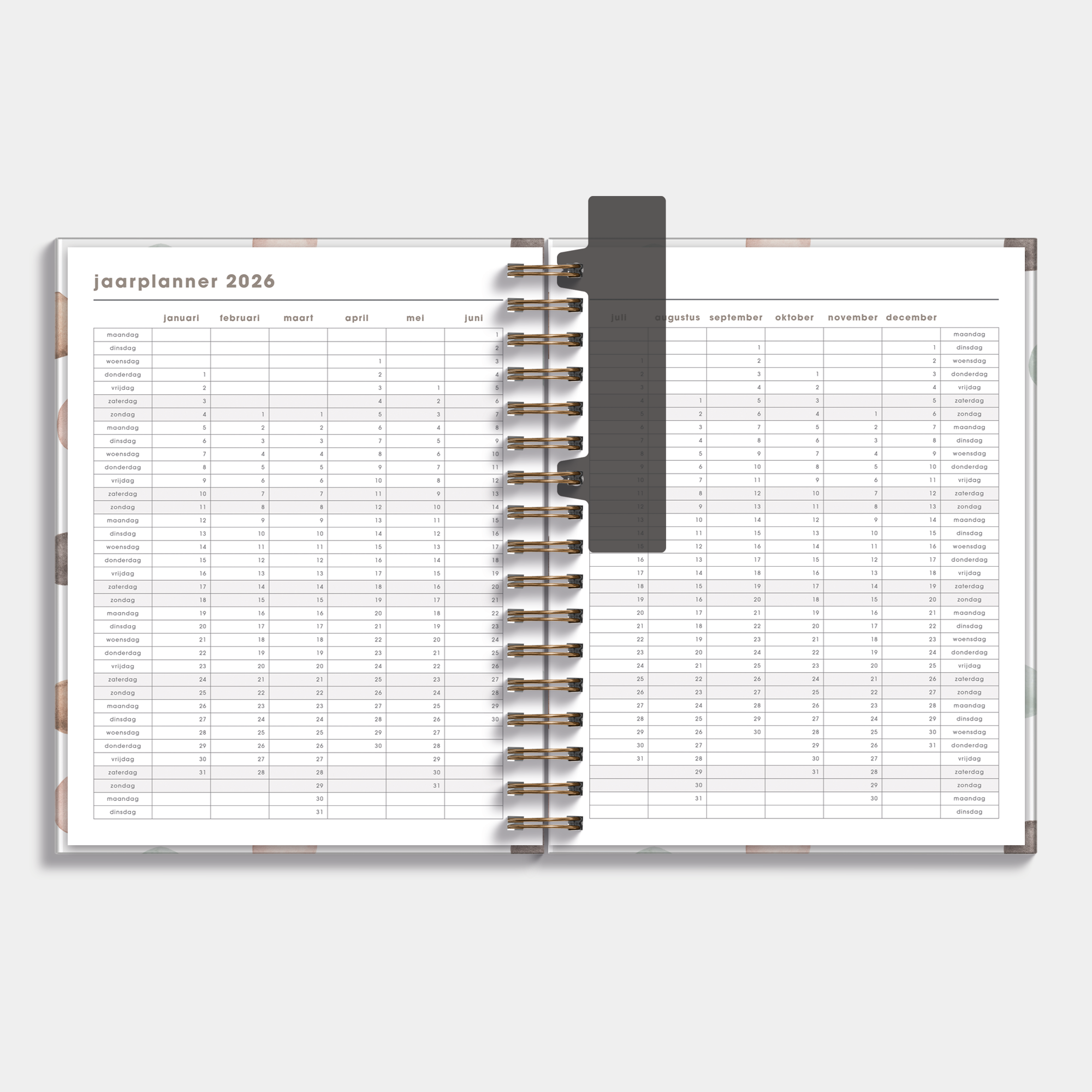 Luxe weekplanner 2026-2027 in A5+ formaat met waterverf stippen – jaarplanner.