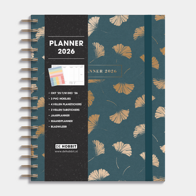 luxe weekplanner 2026 met ontwerp van goudfolie ginkgo bladeren op een donkergroene achtergrond, harde cover en elastische sluiting – vooraanzicht met informatieve banderol.