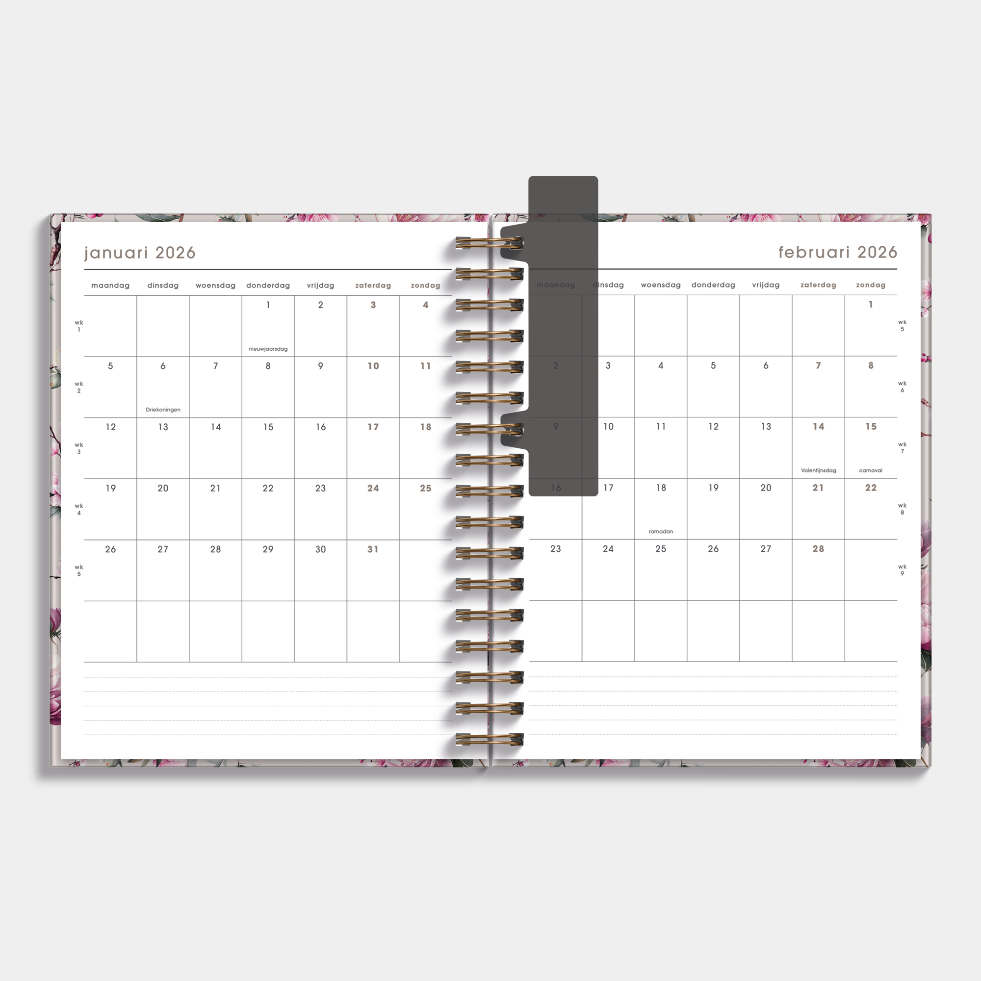 luxe weekplanner 2026 met stijlvolle print van kersenbloesem – maandplanner.
