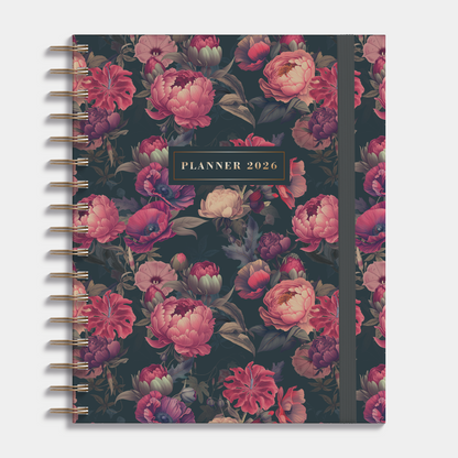 luxe weekplanner 2026 met klassiek dessin van rode rozen op een donkere achtergrond, harde cover en elastische sluiting – vooraanzicht.