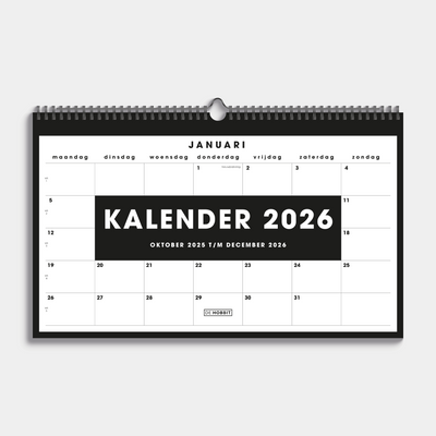 maandkalender 2026 in bijna A3 formaat uitgevoerd in zwart en wit met een metalen spiraal – vooraanzicht.