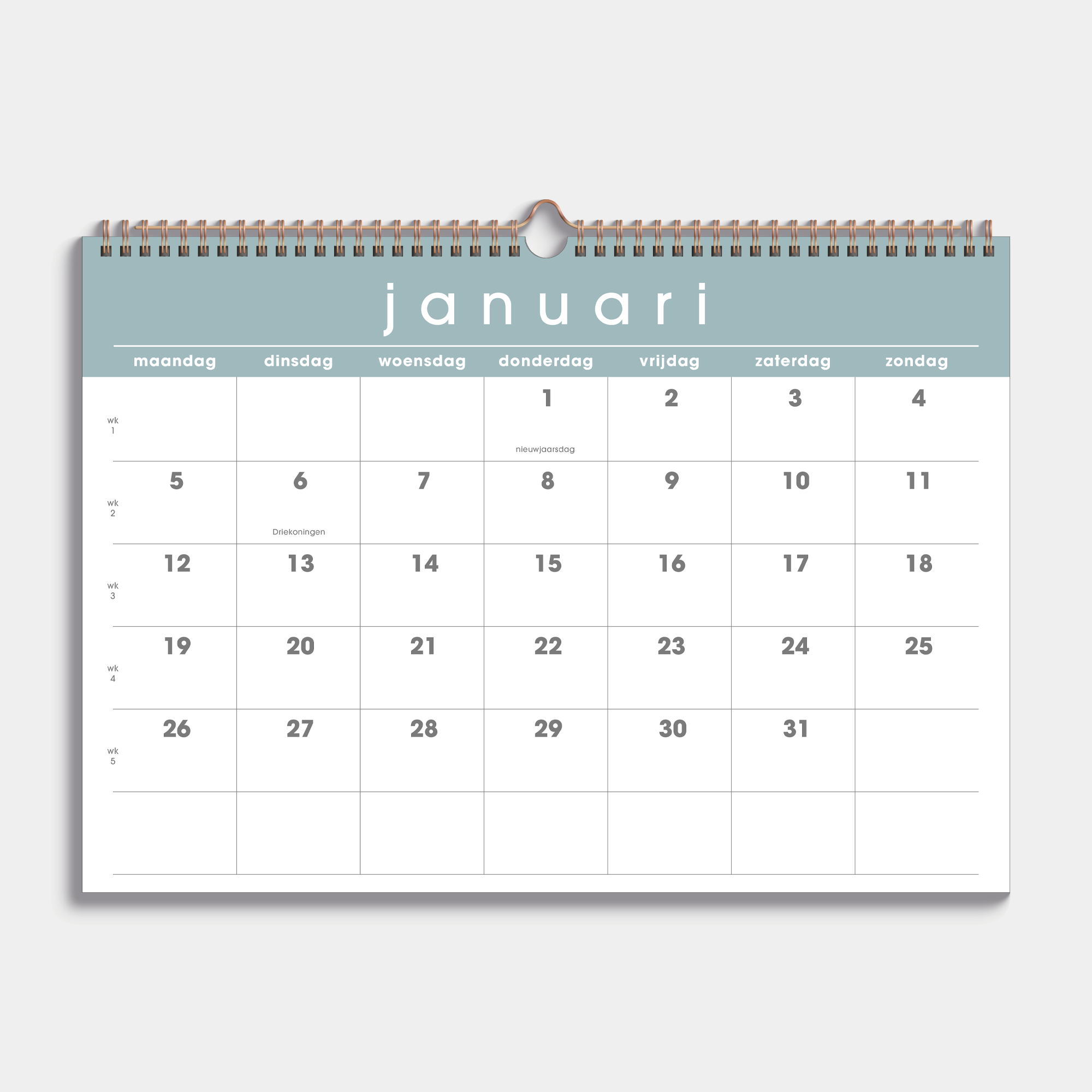 maandkalender 2026 in A3 met grijsgroene kleuraccenten en metalen spiraal – maandoverzicht.