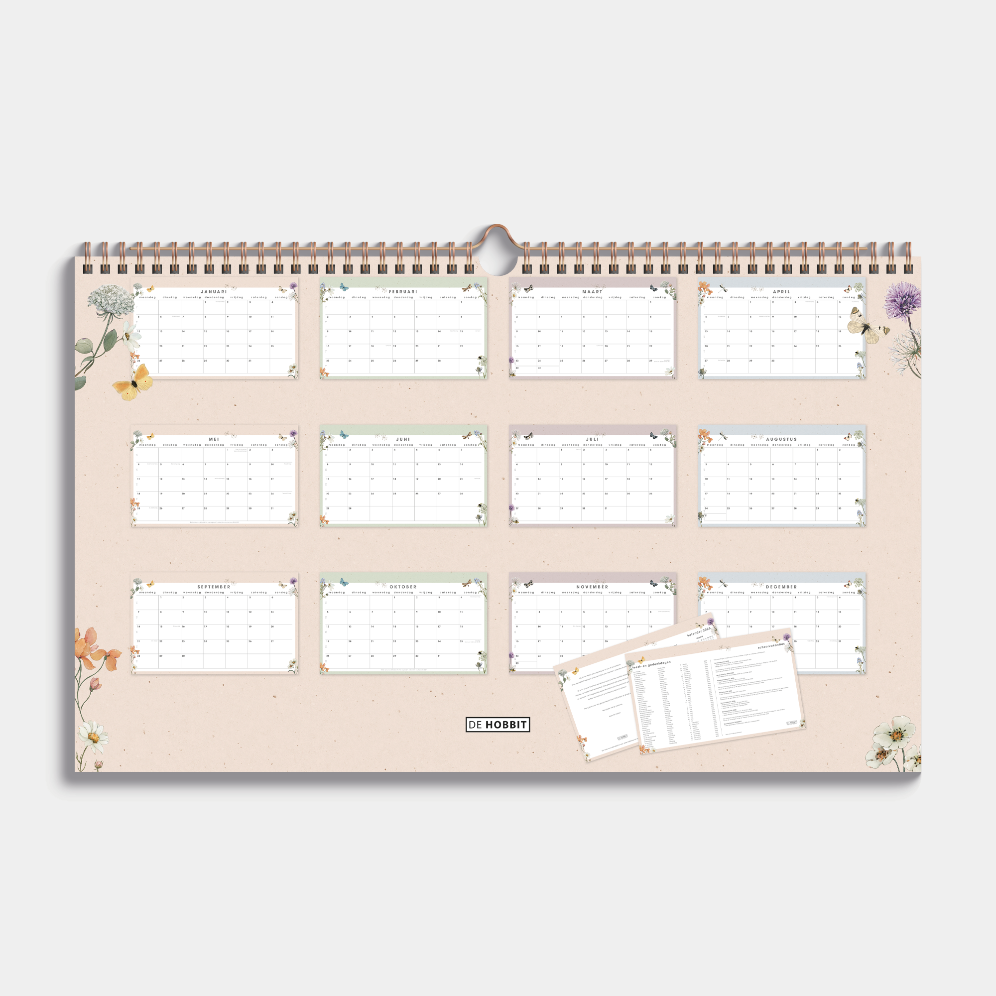 maandkalender 2026 in bijna A3 formaat met veldbloemenprint en metalen spiraal – achteraanzicht.