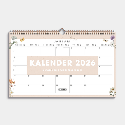 maandkalender 2026 in bijna A3 formaat met veldbloemenprint en metalen spiraal – vooraanzicht.