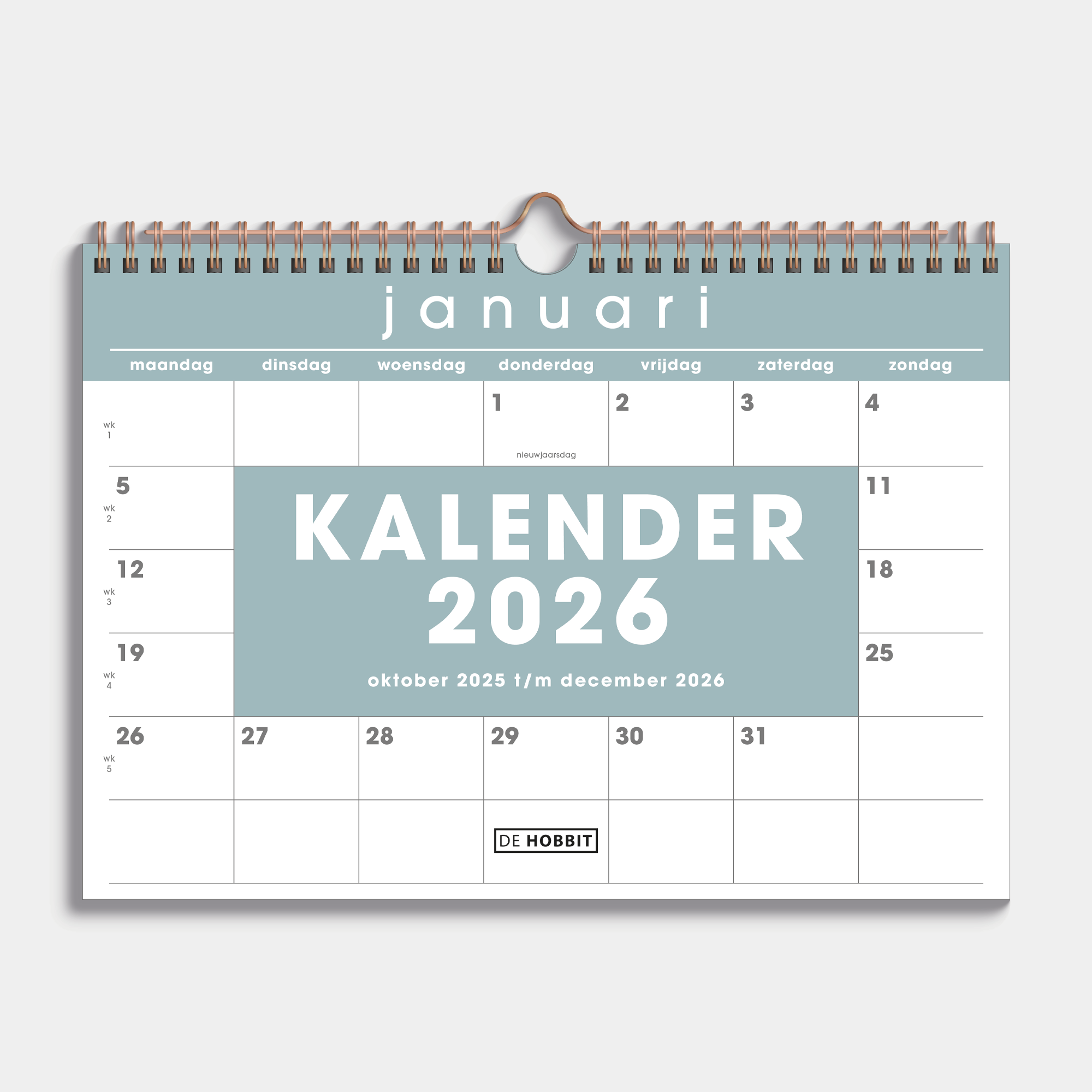 Maandkalender 2026 A4 met grijsgroene accenten en metalen spiraal – vooraanzicht.
