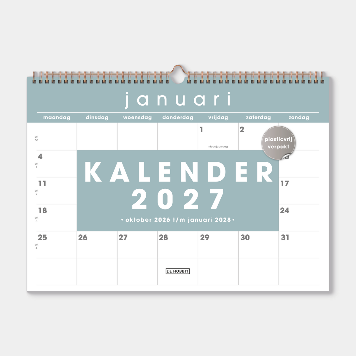 Maandkalender 2027 in A3 formaat met grijsgroene kleuraccenten en metalen spiraal – vooraanzicht.
