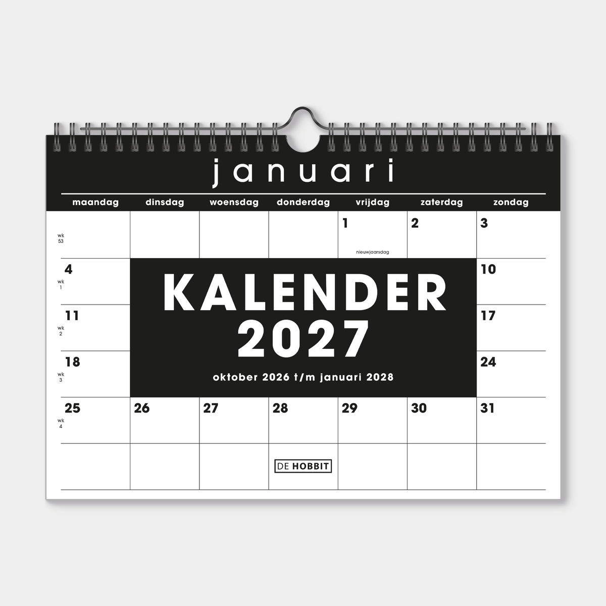 Maandkalender 2027 in A4 formaat uitgevoerd in basic zwart en wit met metalen spiraal – vooraanzicht.