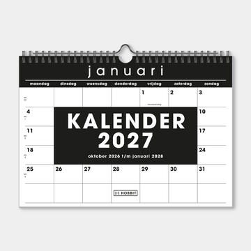 Maandkalender 2027 in A4 formaat uitgevoerd in basic zwart en wit met metalen spiraal – vooraanzicht.